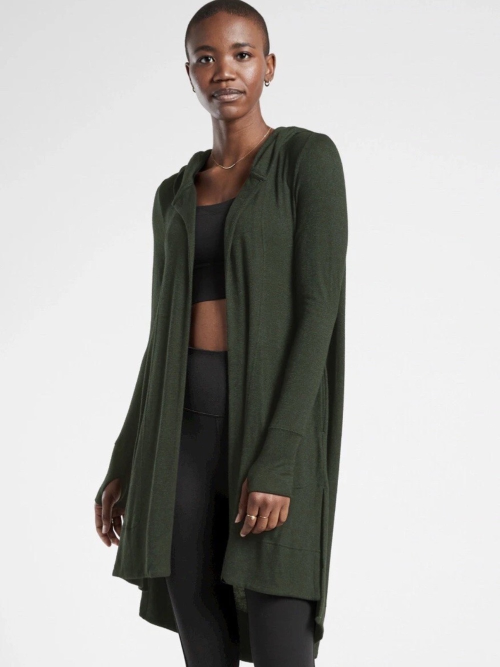 Athleta Olive Green Harmony Pose Wrap Hooded Ribbed Open Front  Cardigan Size XL